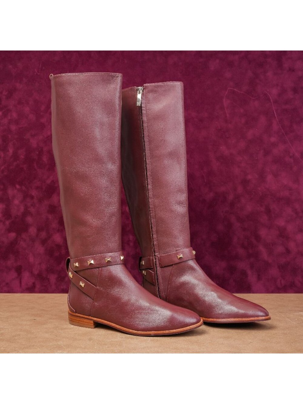 Ted Baker London Women Stud Red Brown Zip Equestrian Riding Boots 5.5US EUR 35.5